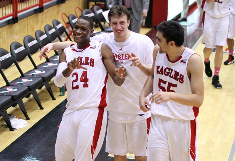 Photo by: Aaron Malmoe
Collin Chiverton,Thomas Reuter,Venky Jois after their 81-76 win over Sam Houston State.