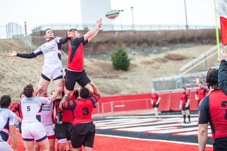 Eric Populus goes up for the ball during a lineout against Western Oregon.
