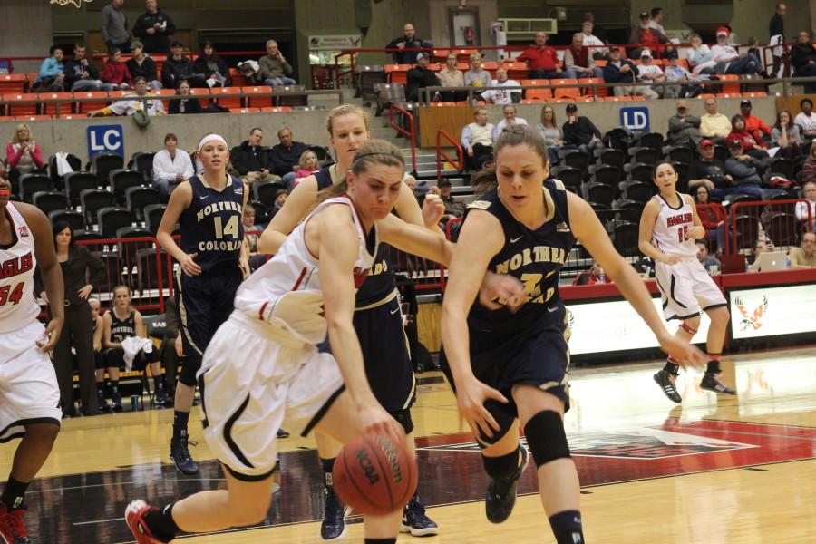Junior forward Melissa Williams fights for the ball against Northern Colorado during the game on Feb. 27.