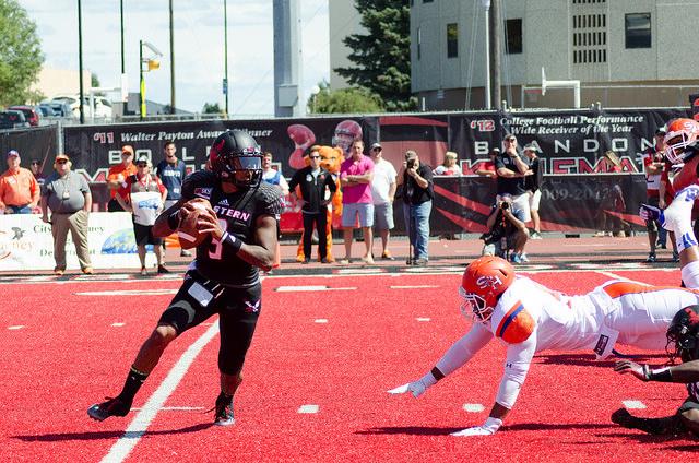 Vernon Adams Jr., quarterback for EWU, mindfully prepares a throw during the August 23 game against Sam Houston State University.