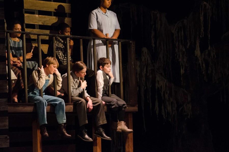 Left to right: Jean Louise Finch (Scout), played by Kady Cullen; Jemery Finch (Jem), played by Jameson Elton; Charles Baker Harris (Dill), played by Luke Hamburg.