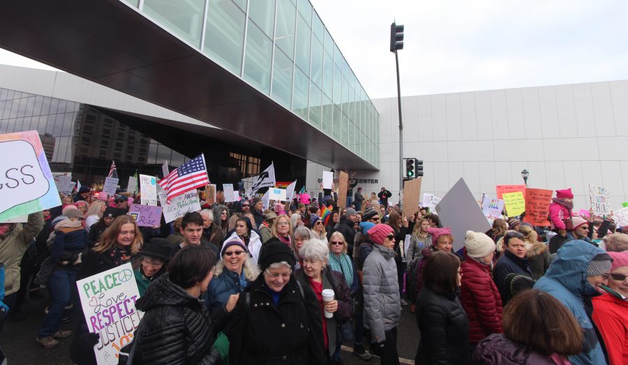 Marchers participating in Spokane's Women's March. An estimated 7500 people were in attendance.