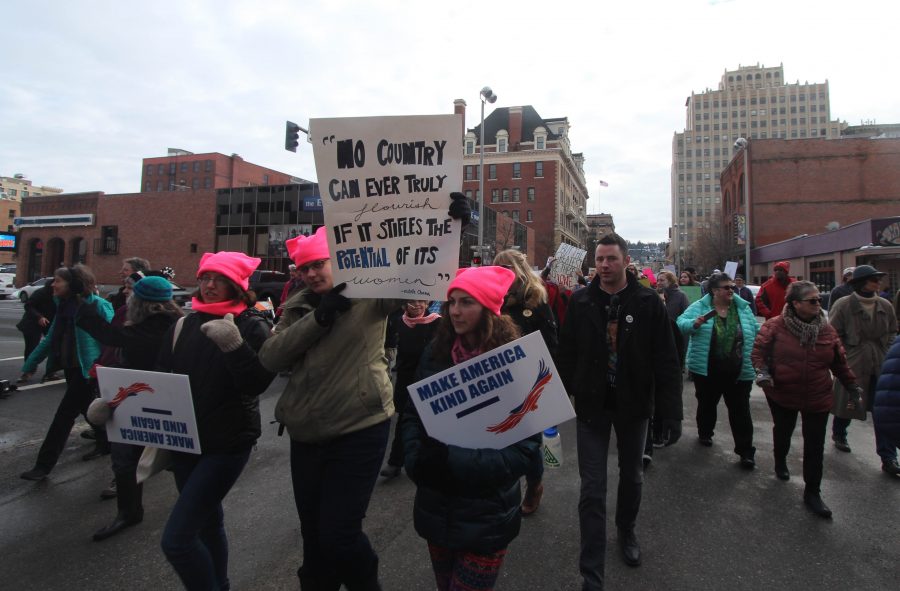 Marchers participating in Spokane's Women's March. An estimated 7500 people were in attendance.