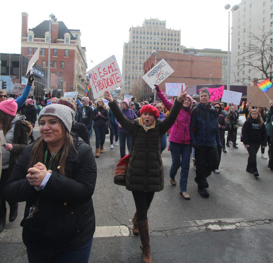 Marchers participating in Spokane's Women's March. An estimated 7500 people were in attendance.