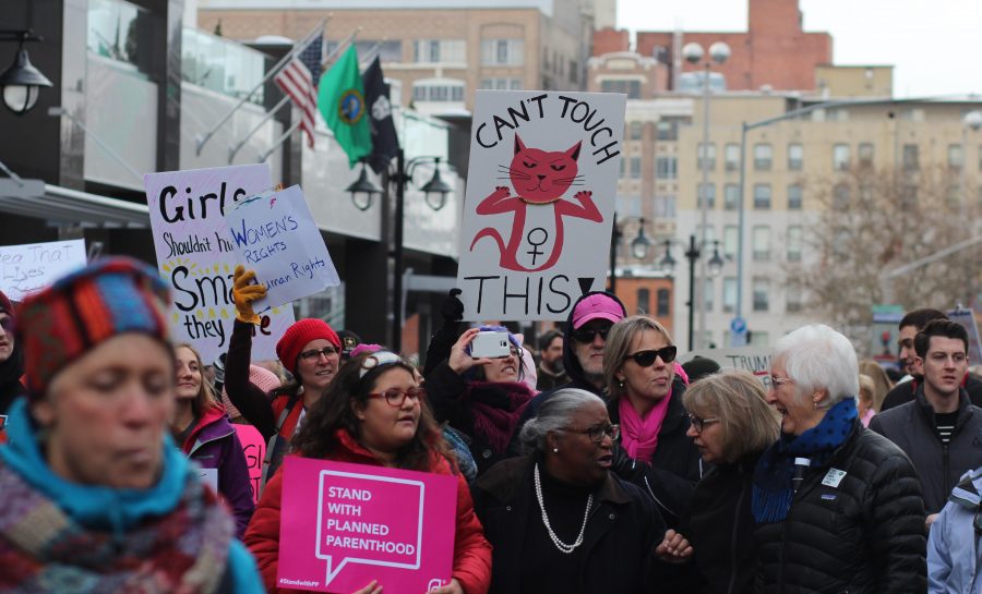 Marchers participating in Spokane's Women's March. An estimated 7500 people were in attendance.