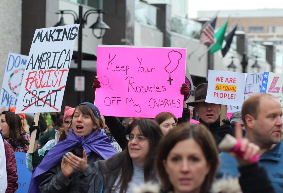 Marchers participating in Spokane's Women's March. An estimated 7500 people were in attendance.