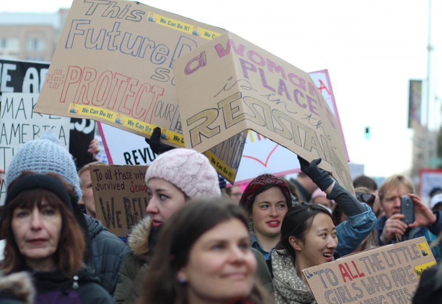 Marchers participating in Spokane's Women's March. An estimated 7500 people were in attendance.