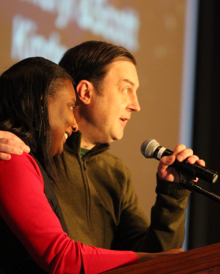 Freda Gandy and Mayor David Condon embrace as they speak to a crowd of 1000+ people at the Spokane Convention Center for the MLK Day unity rally and march. 