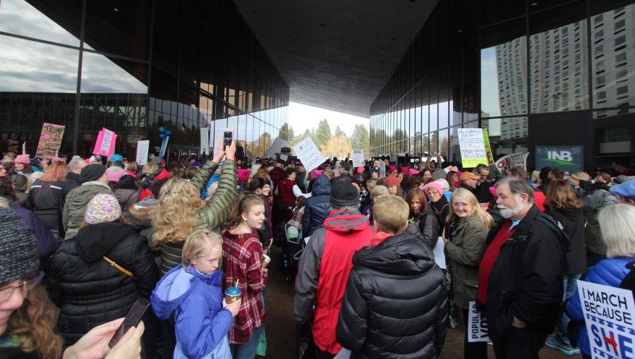 Thousands of people waiting to get inside Spokane's Convention for the Women's March.