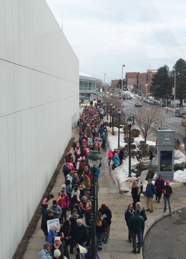 People lined up a few blocks deep on Spokane Falls Blvd trying to get into the Convention Center.