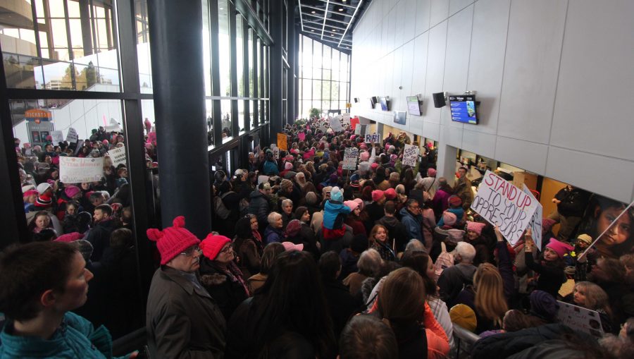 Thousands of people waiting to get inside Spokane's Convention for the Women's March.