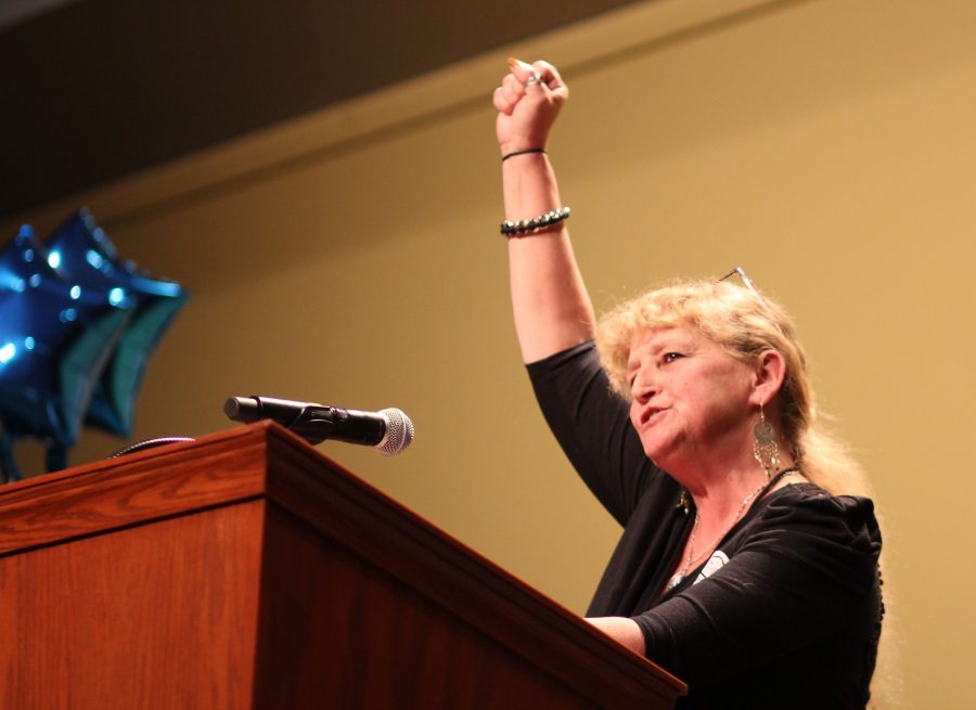 Cindy Shaw delivers speech to thousands of people at the Convention Center for the Women's March. 