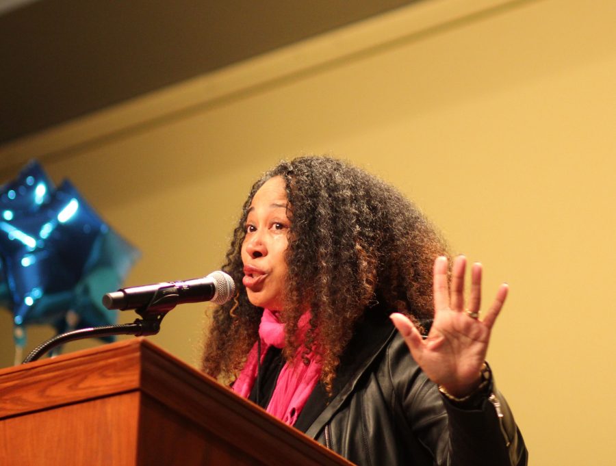 EWU Chief of Staff Angela Jones fights through tears to deliver her speech to thousands at Spokane's Convention Center for the Women's March.