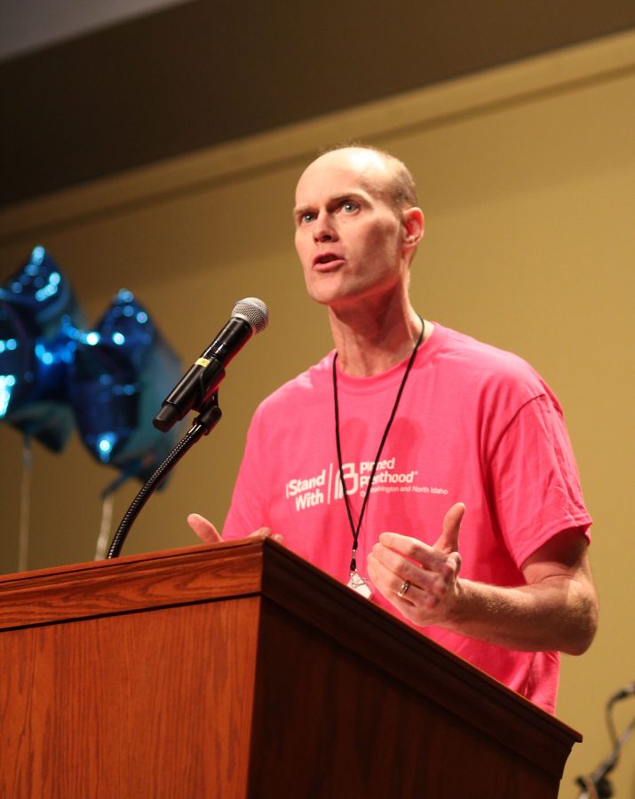 CEO of Planned Parenthood of Greater Washington and North Idaho Karl Eastlund delivers speech to thousands of people at the Spokane's Convention Center for the Women's March.