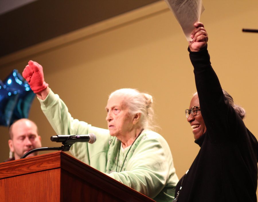 Sally Jackson gives a rousing speech ending with "together we are women, hear us roar" at the Convention Center for the Women's March.