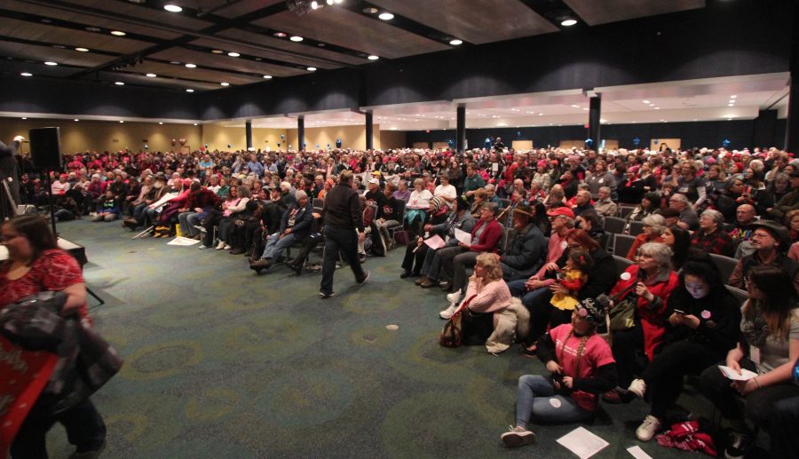 Thousands of people gathered in the Convention Center. Organizers had to block people from entering because the building was at full capacity.