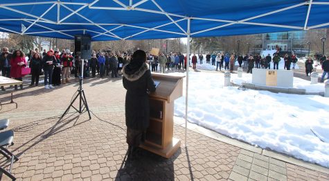EWU President Mary Cullinan addresses hundreds of students at the Campus Mall for a rally to support immigrants 1/31/2017.