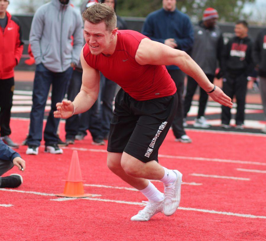 Quarterback Jordan West performing the 3 cone drill.