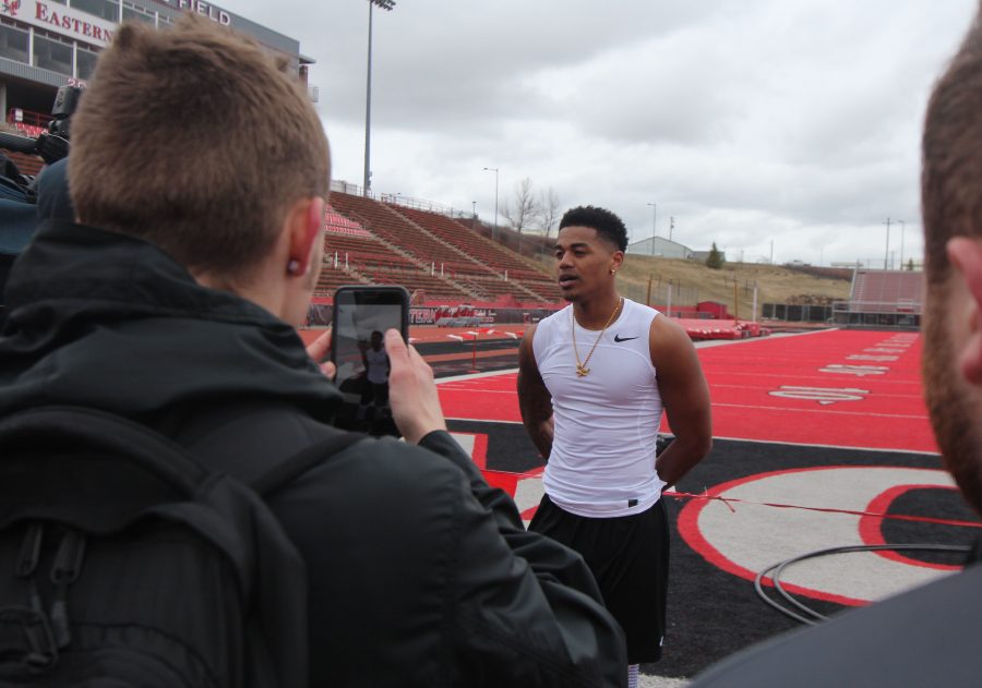 Wide receiver Kendrick Bourne talking to the media after the pro day workouts.
