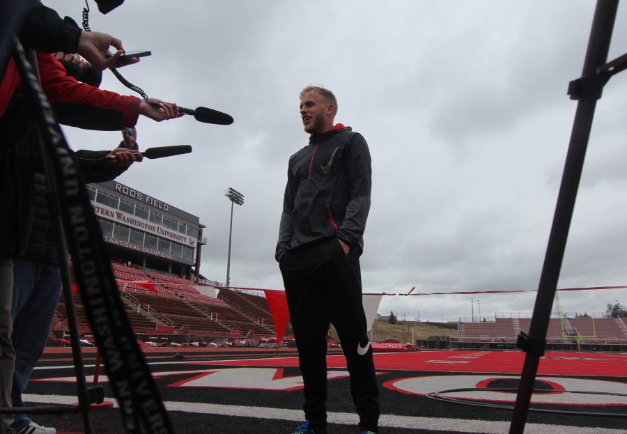 Wide receiver Cooper Kupp talking to the media after the pro day workouts.