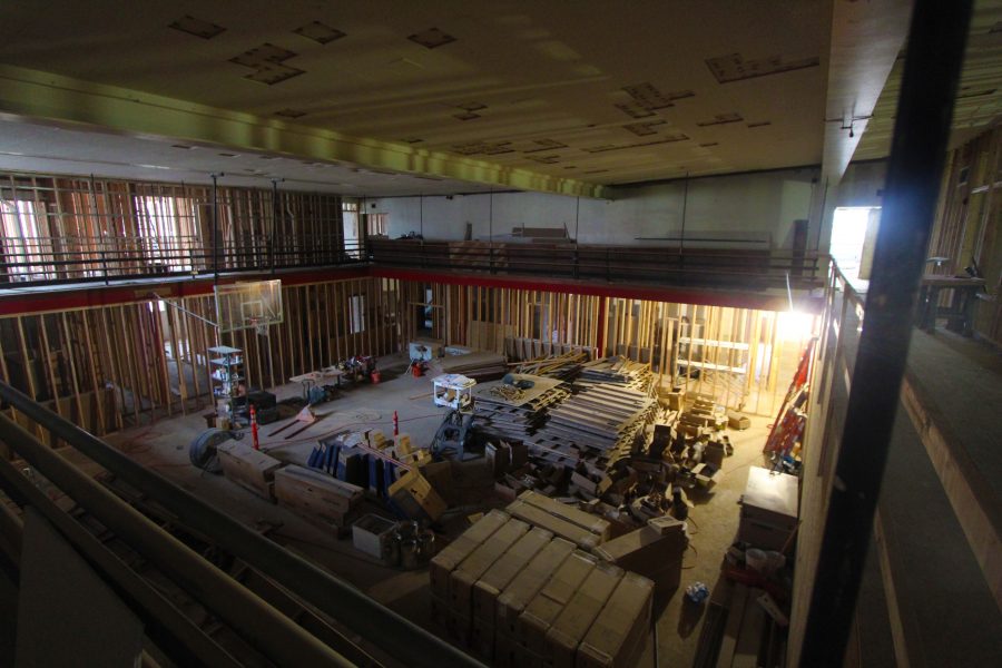 A view from the second floor balcony surrounding the old gymnasium. Old Cheney High School is currently in the process of being converted into student housing. 