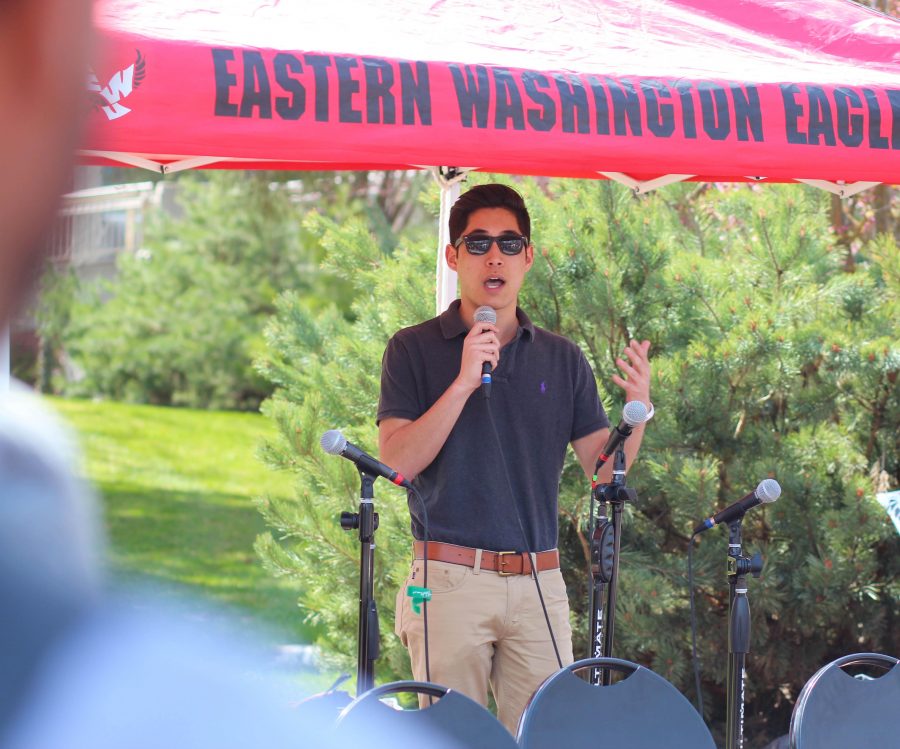 Gaige Baisch, ASEWU  presidential candidate, addresses the audience at the Campus Mall. 
