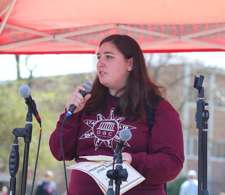 Andreana Polichronakis, ASEWU director of finance representative candidate, addresses the audience at the Campus Mall. 