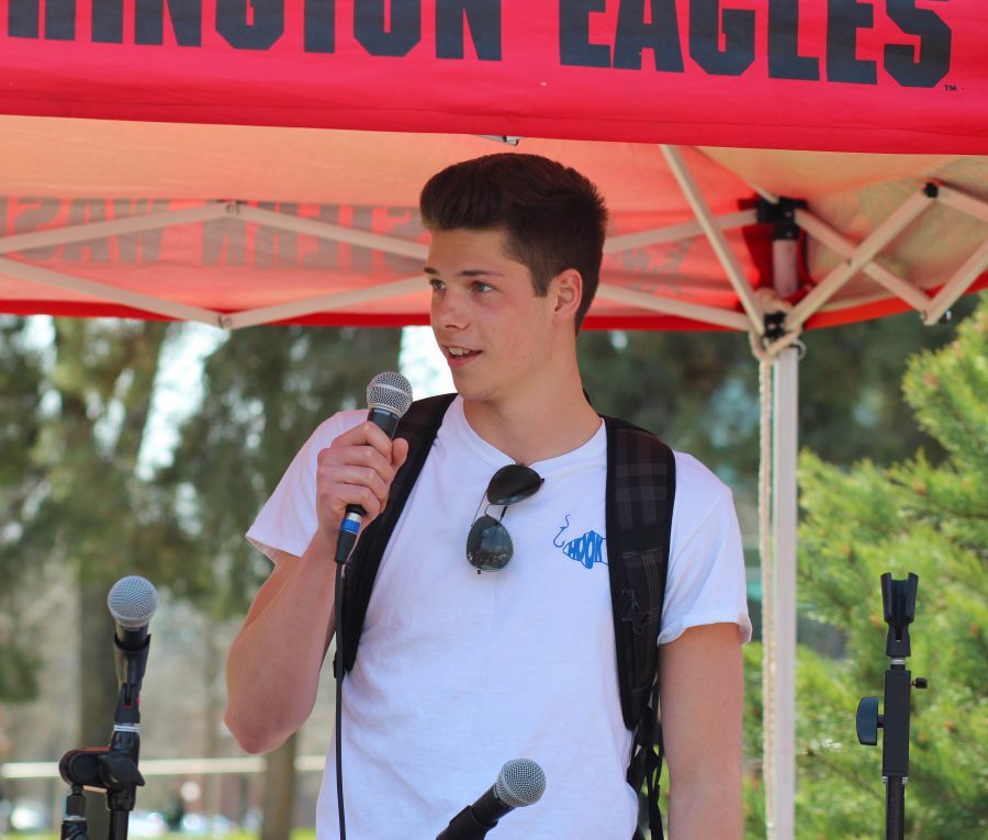 Zack Bowman, ASEWU student activities representative candidate, addresses the audience at the Campus Mall. 