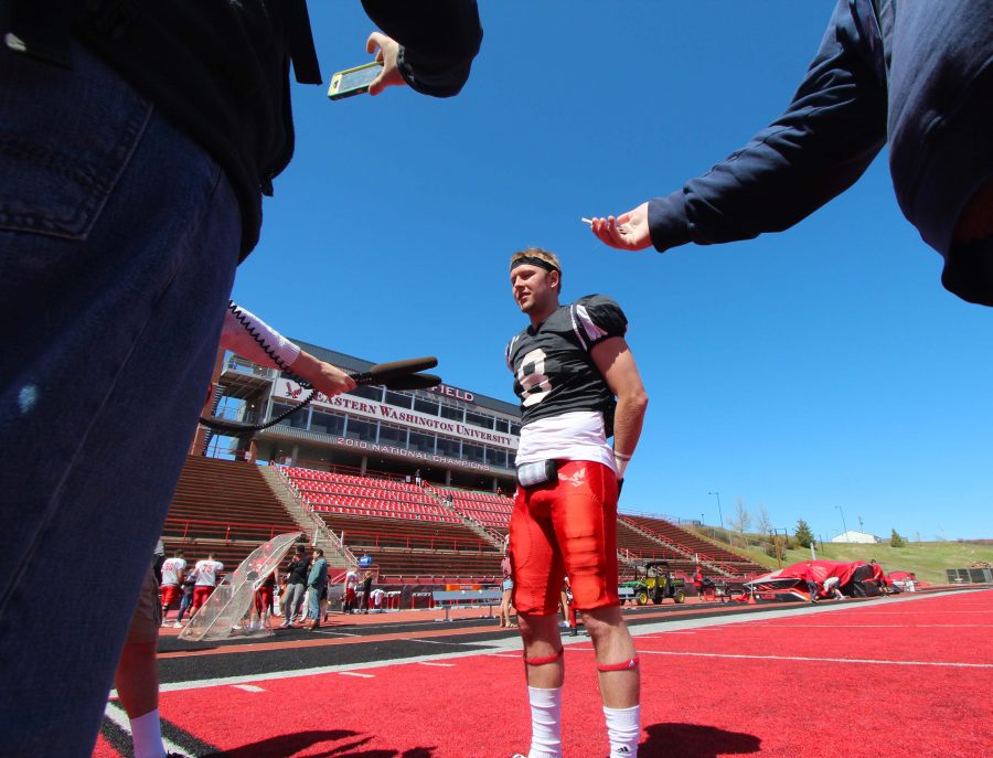 Then sophomore quarterback Gage Gubrud speaks with media after EWU footballs spring game on April 22. Gubrud was arrested for obstructing a public servant in downtown Cheney in the early morning of Nov. 5.