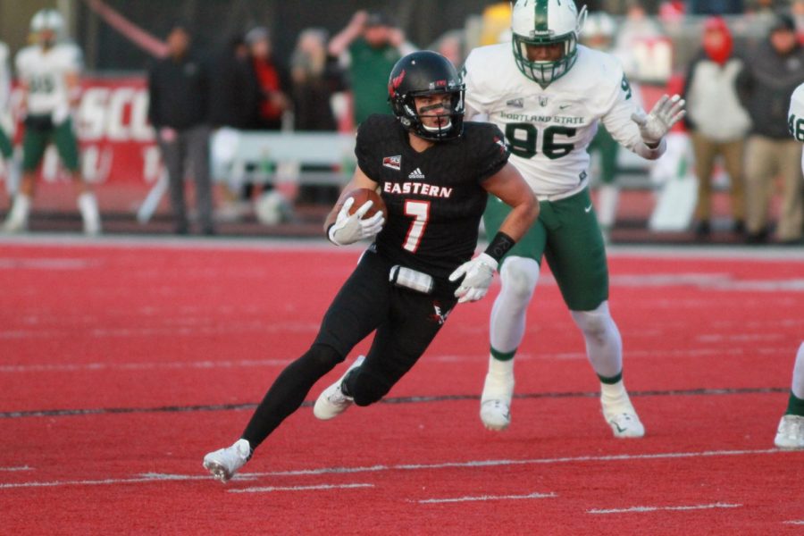 Senior wide receiver Nic Sblendorio running after the catch on Nov. 18 against Portland State. Sblendorio had a career best 273 yards and 2 touchdowns on eight catches in the victory. | Richard Clark IV for The Easterner