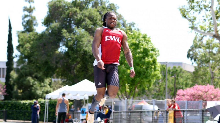 Sophomore+Keshun+McGee+jumps+during+the+2017+outdoor+season.+McGee+placed+first+in+the+long+jump+and+second+in+the+triple+jump+at+the+Husky+Classic+%7C+Photo+courtesy+of+EWU+Athletics