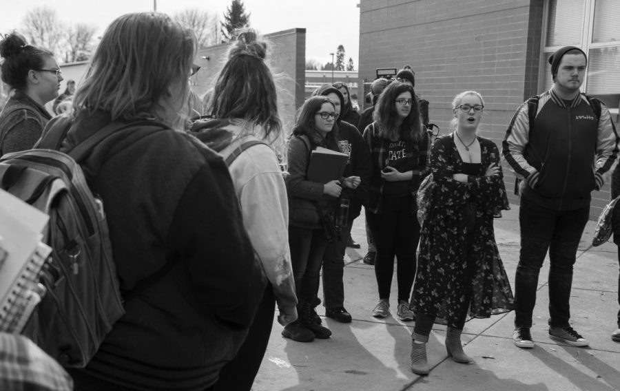 Students at Cheney High School hold a rally outside by the front doors. They, along with students all over the country, have staged walkouts protesting gun violence and school shootings | Photo courtesy of the Spokesman-Review
