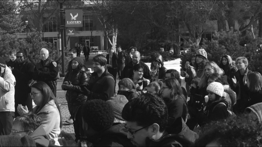 Students gather at the Campus Mall to speak out against racist flyers posted around campus in 2018. The unity Rally was to show that EWU dopes not stand for hate and discrimination | Jeremy Burnham for The Easterner