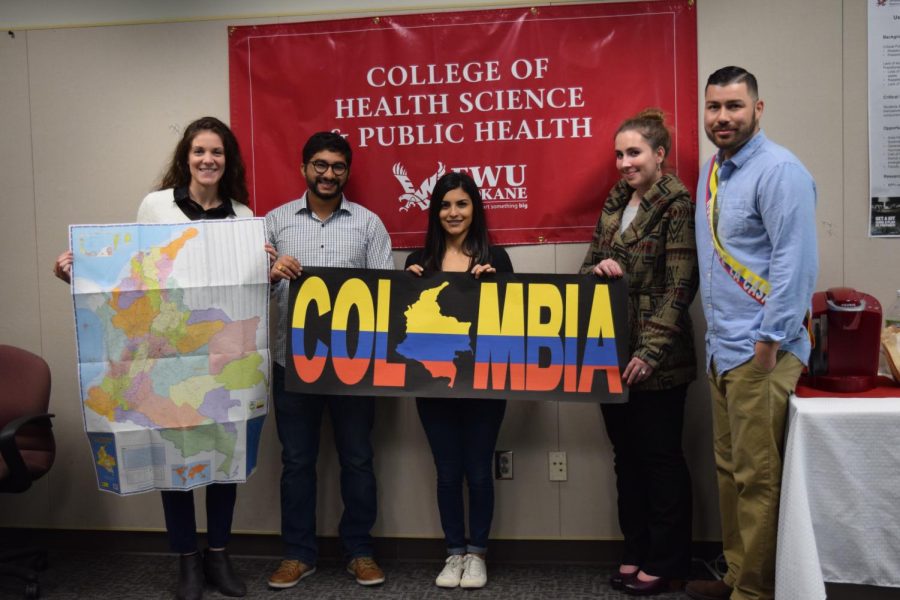 EWU graduate student assistants Victoria Senechal, Dill Gautam, Jessica Ochoa, Zoe Dugdale, and Guillermo Mendez (above) pose for a picture. The Master of Public Health Students are traveling to Colombia fora ten-day visit to help develop a community health assessment by collecting data from surveys, interviews and focus groups | Photo courtesy of  the College of Health Science & Public Health