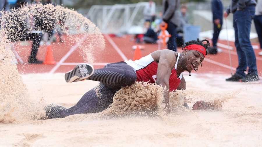 Sophomore Keshun McGee competes in the long jump at the Whitworth Buc Scoring Meet on March 17. At the Big Sky Championships on May 11, McGee won the long jump and placed second in the triple jump | Photo courtesy of EWU Athletics