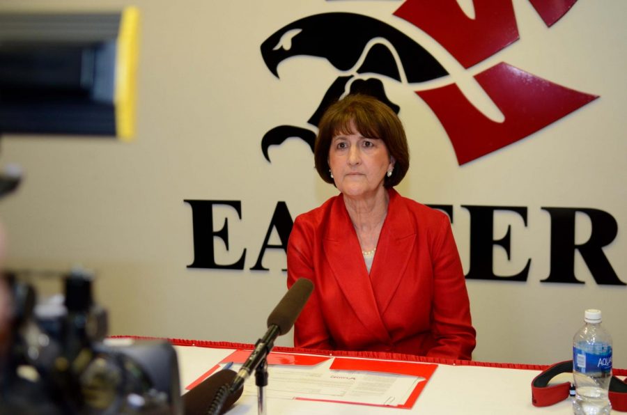 Athletic Director Lynn Hickey during her introductory press conference on April 25. Hickey is focused on pinpointing and solving problems in the athletic department at this point in her tenure | Photo courtesy of EWU