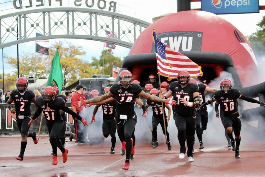 The EWU football team enters Roos Field on Oct. 6, 2018 before a victory over Southern Utah.