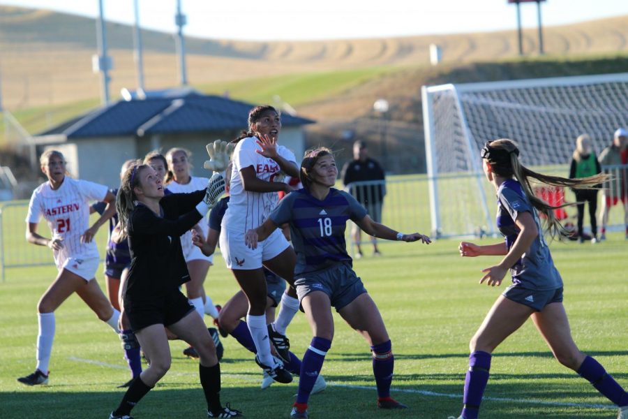Chavez leaps on a cross against Weber State on Oct. 12. Chavez scored in each of the Eagles last three games 
