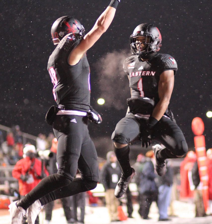 Cooper Kupp and Shaq Hill celebrate a touchdown in the 2016 semifinal against Youngstown State. EWU ultimately lost the game when the Penguins scored a last second touchdown.