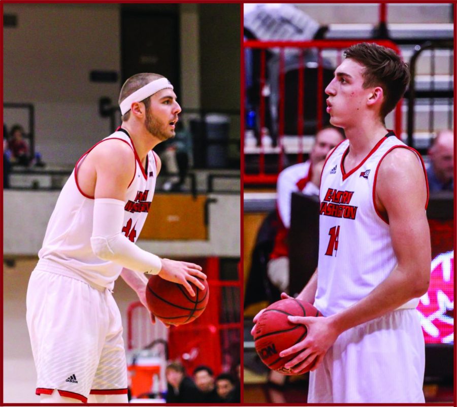 Left: Senior forward Jesse Hunt looks to pass aginast Montana on Jan. 10. Right: Junior forward Mason Peatling shoots a free throw against Montana on Jan. 10. Peatling scored 17 points and Hunt grabbed 15 rebounds in the Eagles 78-71 win over the Grizzlies.