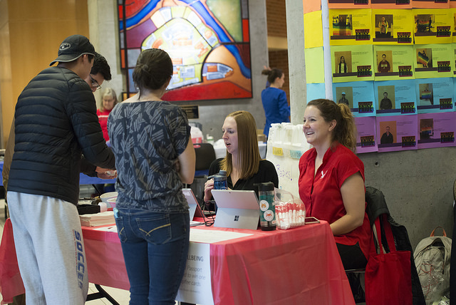 Students participate in the Healthy U Wellness Fair on Nov. 1, 2018. Katie Gilsdorf (left) and Lindsey Fulton (right) hosted the event at the Spokane Academic Center.
