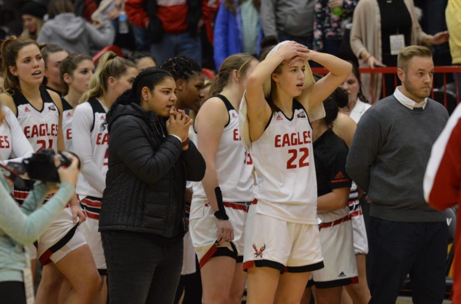 The Eagles look on in shock as Idahos final 3-point basket is counted during Mondays 75-74 loss. The final shot was released after the final horn had sounded, but the play clock was ruled to be started early and after review the 3-pointer was counted.