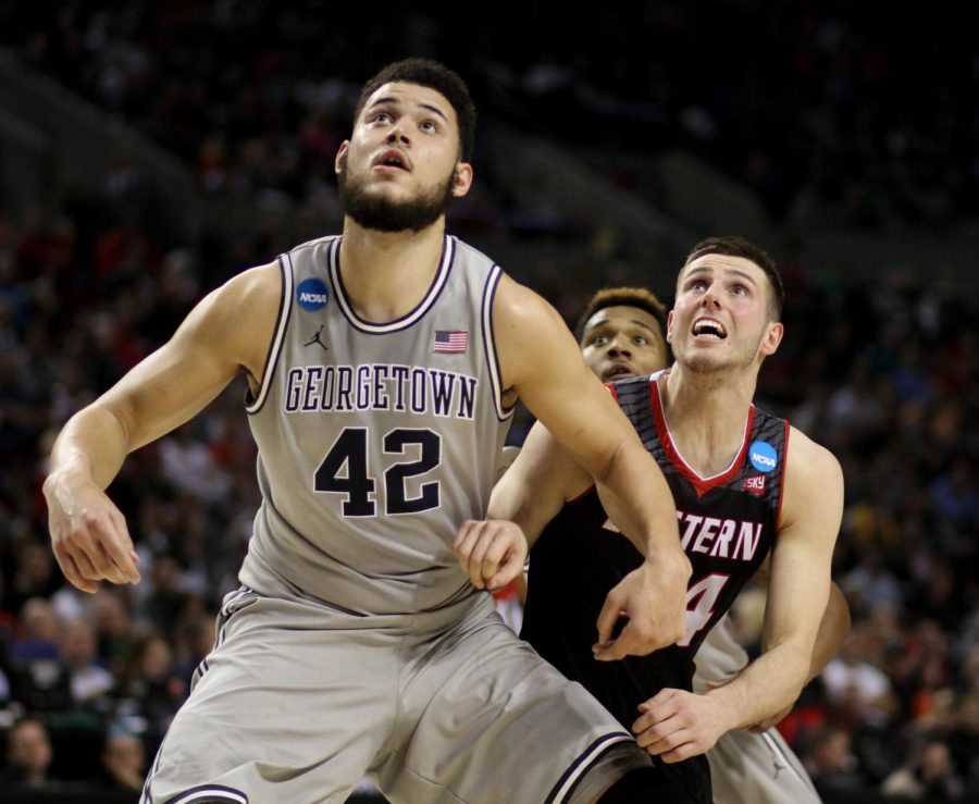 Former EWU forward Felix Von Hofe is boxed out by Georgetown Universitys Bradley Hayes in the 2015 NCAA Tournament. The No. 4 seed Hoyas beat the No. 13 seed Eagles 84-74 in the game. 