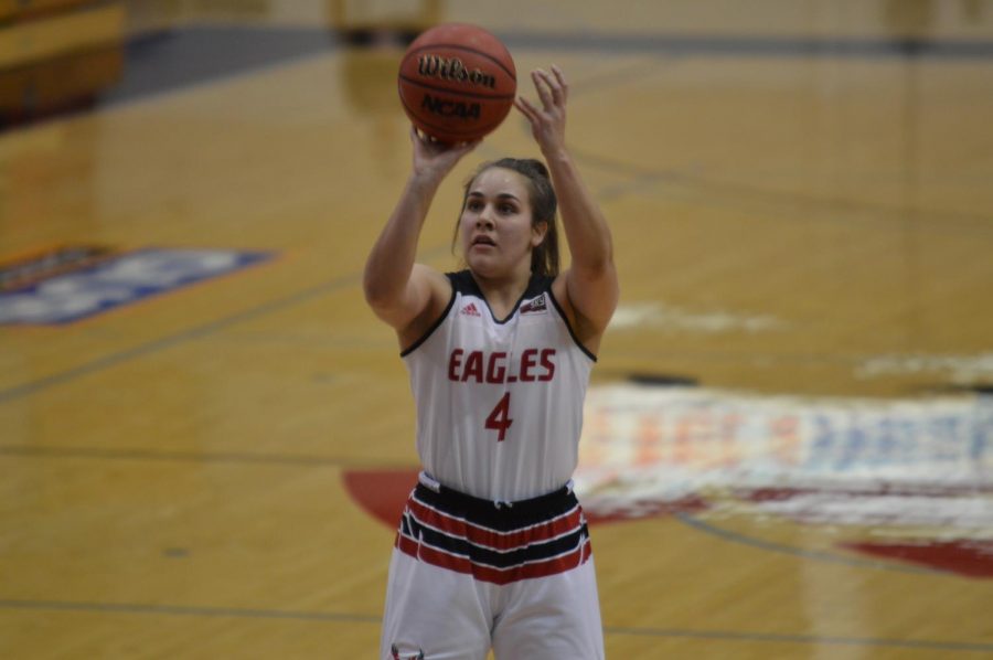 Freshman guard Jessica McDowell-White shoots a free throw in EWUs 67-64 win over Montana on Feb. 9. McDowell-White made the winning shot to send the Eagles to the Big Sky Tournament championship game, after in bounding the ball off of a defender on Wednesday. 