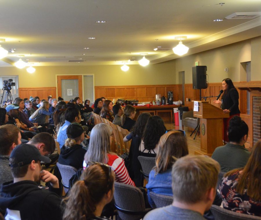 Deborah Parker gives a speech to EWU students on April 16. Parker, who was the keynote speaker for Sexual Assault Action Week, is a social activist and member of the Tulalip Tribes of Washington.