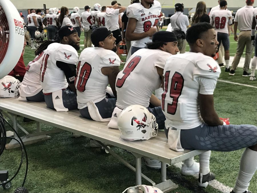 The EWU offense watches from the sidelines during the fourth quarter of Idahos 35-27 upset victory over the Eagles Saturday. 