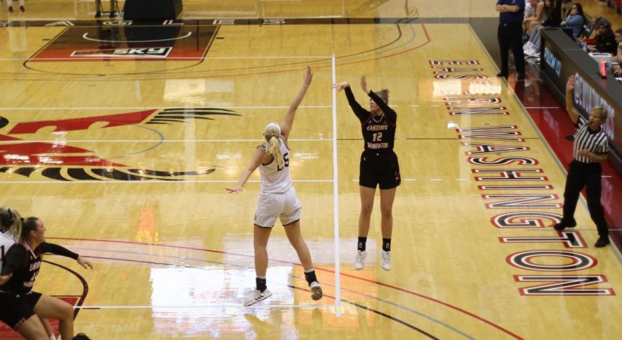 EWU freshman forward Kennedy Dickie fires away from long distance. Dickie scored 24 points in EWUs 78-44 exhibition win over Northwest University Wednesday.