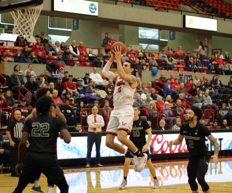 EWU junior guard Jacob Davison attacks the basket. Davison scored 26 points in EWUs 71-69 victory over PSU Saturday.