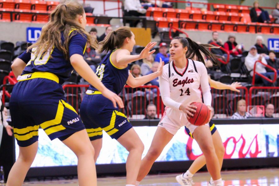 EWU sophomore center Bella Cravens looks to make a move on Feb. 3 versus NAU. Cravens had 11 points and 10 rebounds in EWUs 77-56 loss to UM Thursday.