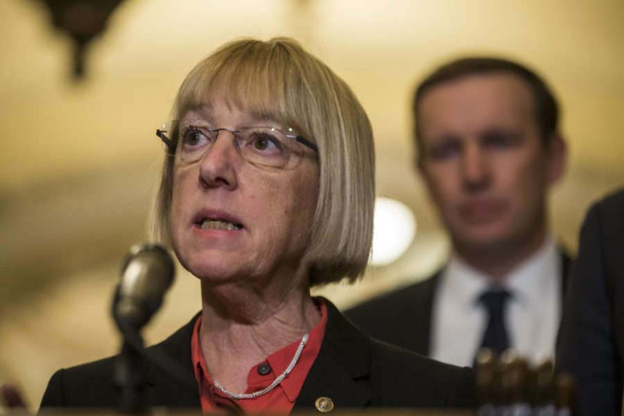 WASHINGTON, DC - APRIL 02:  Sen. Patty Murray (D-WA) speaks during a news conference following a weekly policy luncheon on April 2, 2019 in Washington, DC.  Also pictured is Sen. Chris Murphy (D-CT).  (Photo by Zach Gibson/Getty Images)